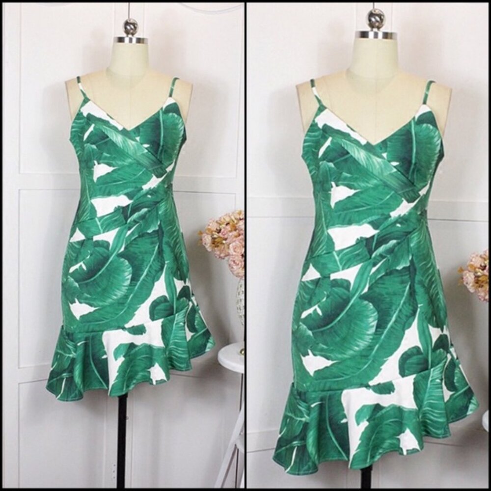 Tropical Leaf Print Spaghetti Strap Dress